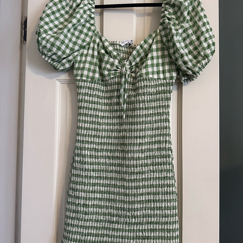 Green Gingham Puff Sleeve Dress